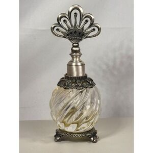 Art Deco VTG Empty Glass Perfume Bottle Ornate Metal Crown Stopper & Footed Base